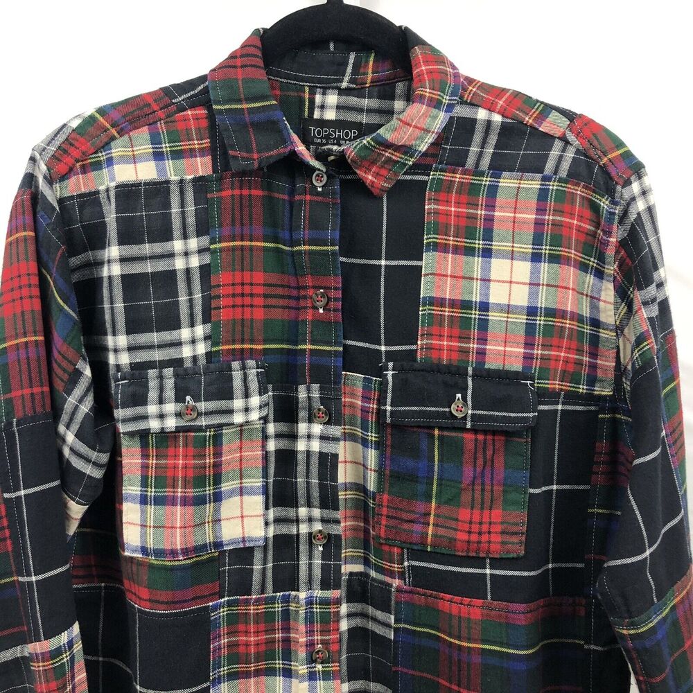 Topshop Shirt Women 4 Black Red Plaid 100% Cotton Button Up Shirt Long Sleeve - Picture 12 of 12